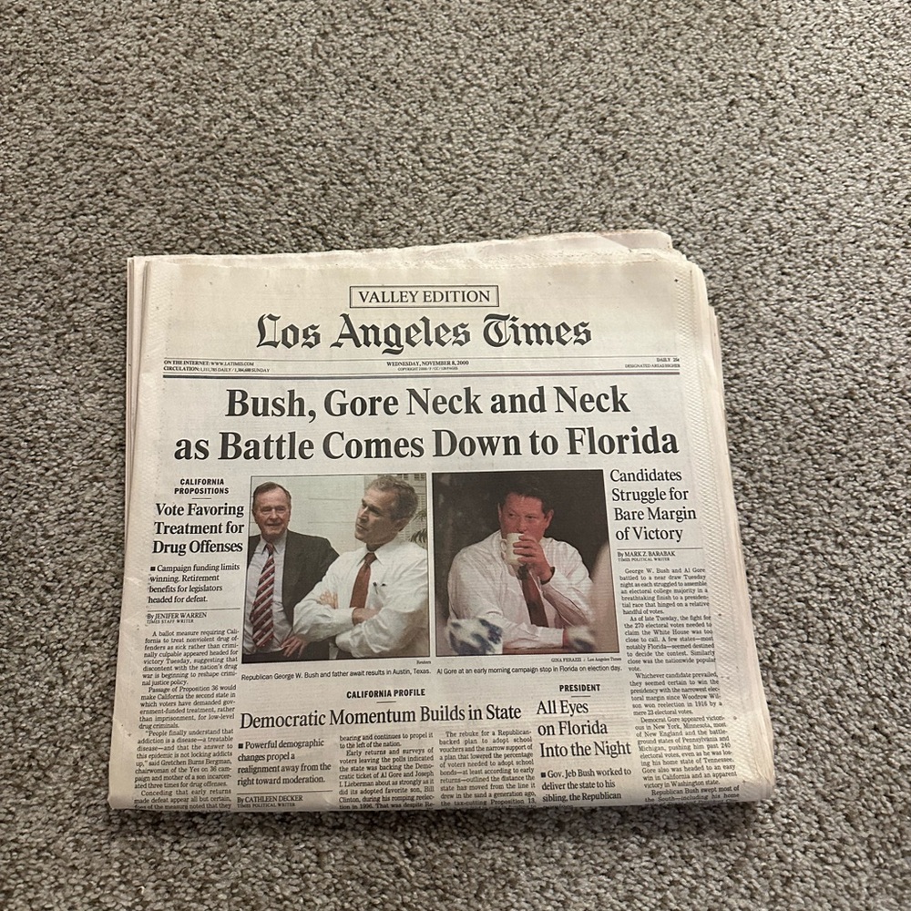 Vintage Los Angeles Times newspaper from November 8, 2000